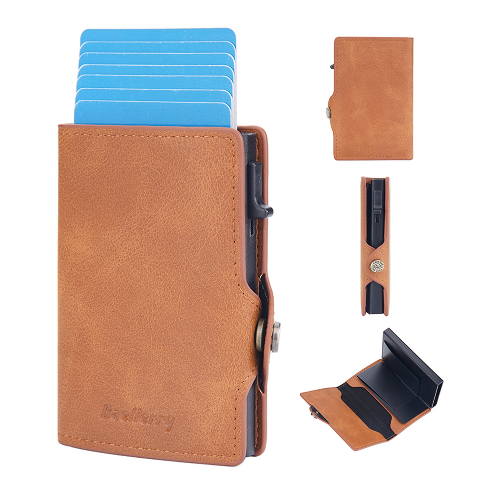 BAELLERRY K9296 Side Push Button Design RFID Blocking Card Holder Retro PU Leather Aluminum Alloy Men Credit Card Carrying Bag BAELLERRY K9296 Side Push Button Design RFID Blocking Card Holder Retro PU Leather Aluminum Alloy Men Credit Card Carrying Bag